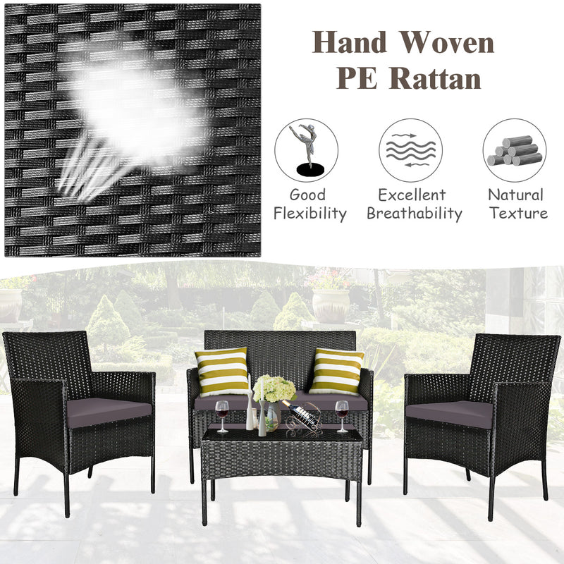 4 Pieces Patio Rattan Cushioned Sofa Set with Tempered Glass Coffee Table