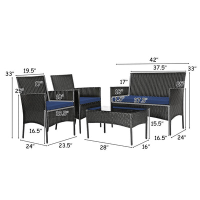 4 Pieces Patio Rattan Cushioned Sofa Set with Tempered Glass Coffee Table