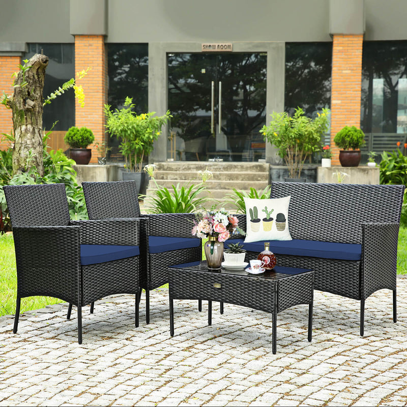 4 Pieces Patio Rattan Cushioned Sofa Set with Tempered Glass Coffee Table