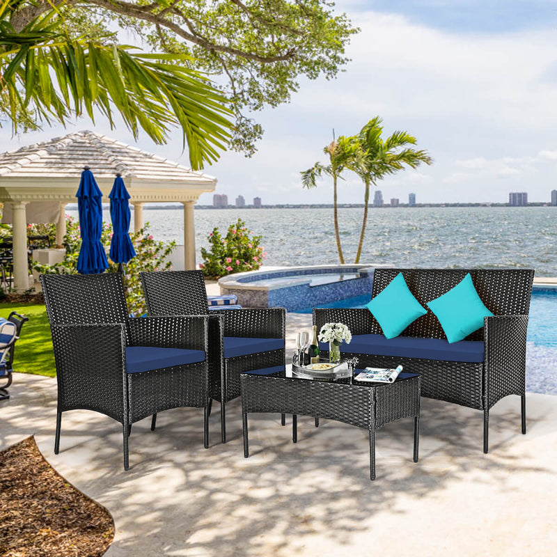 4 Pieces Patio Rattan Cushioned Sofa Set with Tempered Glass Coffee Table