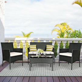 4 Pcs Patio Rattan Cushioned Sofa Furniture Set with Tempered Glass Coffee Table