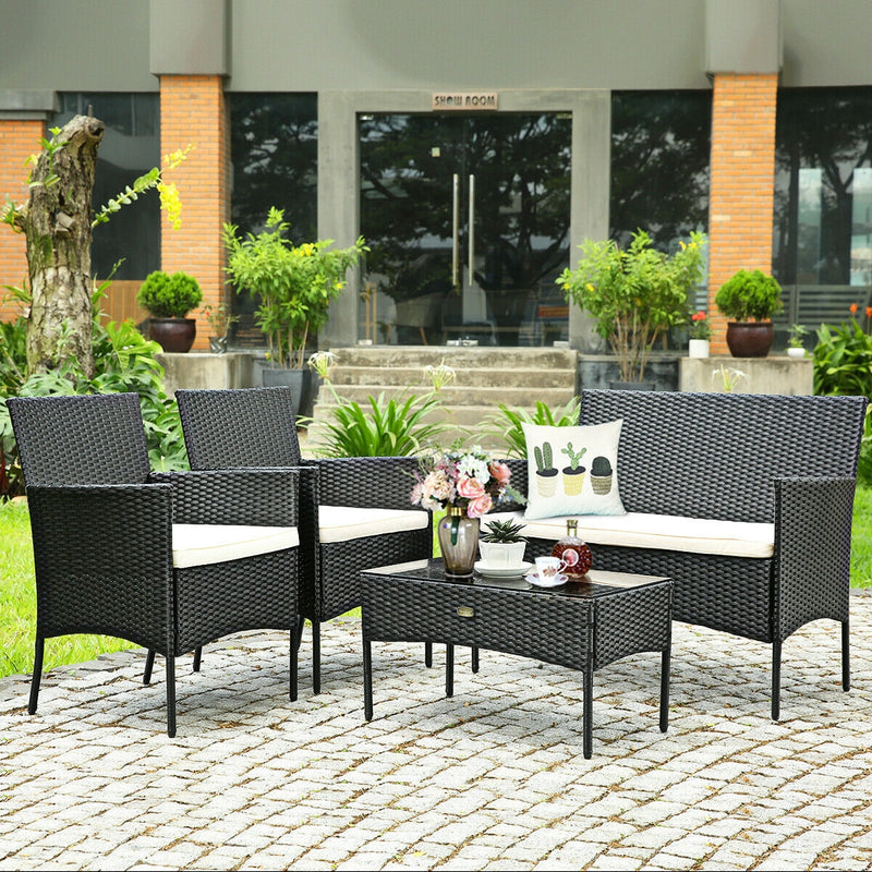 4 Pcs Patio Rattan Cushioned Sofa Furniture Set with Tempered Glass Coffee Table