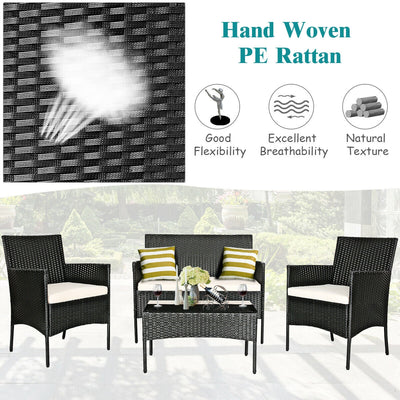 4 Pcs Patio Rattan Cushioned Sofa Furniture Set with Tempered Glass Coffee Table