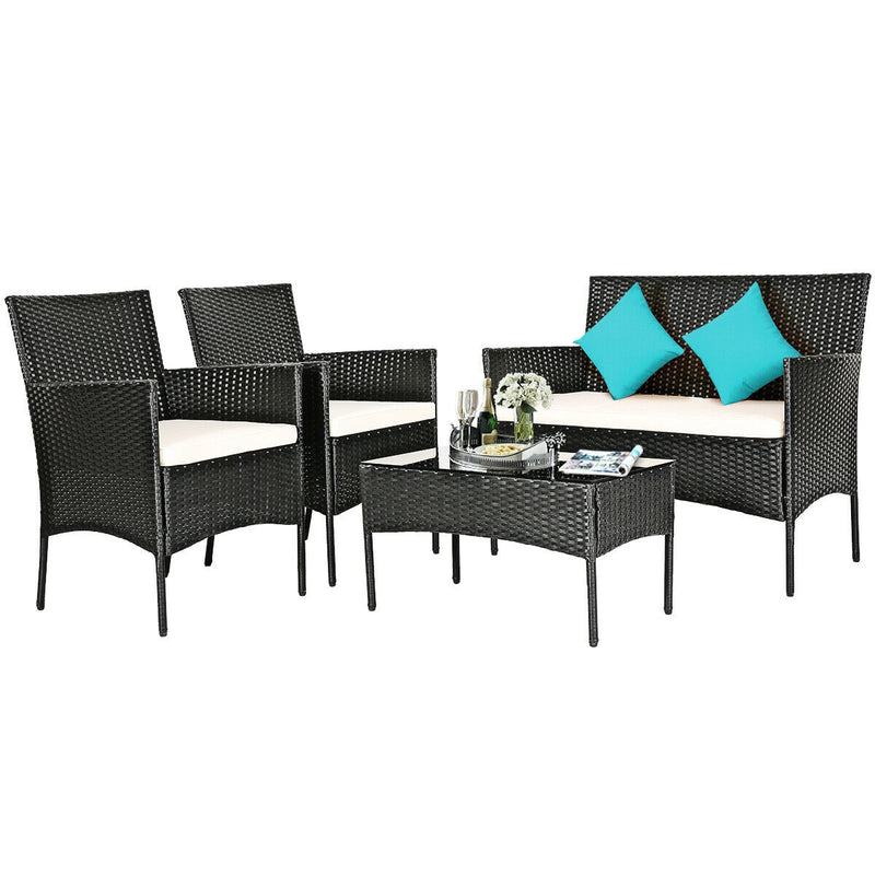 4 Pcs Patio Rattan Cushioned Sofa Furniture Set with Tempered Glass Coffee Table