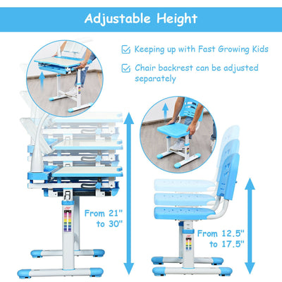 Adjustable Kids Desk Chair Set with Lamp and Bookstand