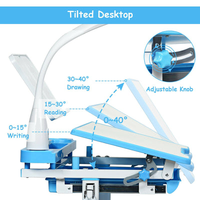 Adjustable Kids Desk Chair Set with Lamp and Bookstand