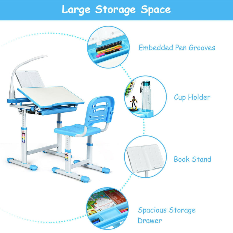 Adjustable Kids Desk Chair Set with Lamp and Bookstand