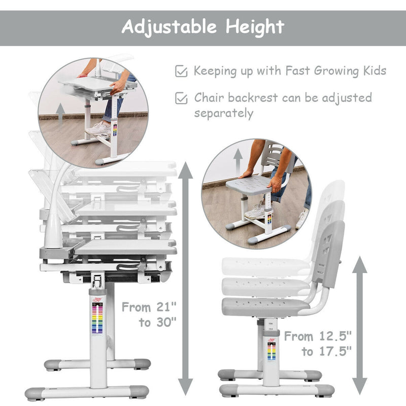 Adjustable Kids Desk Chair Set with Lamp and Bookstand