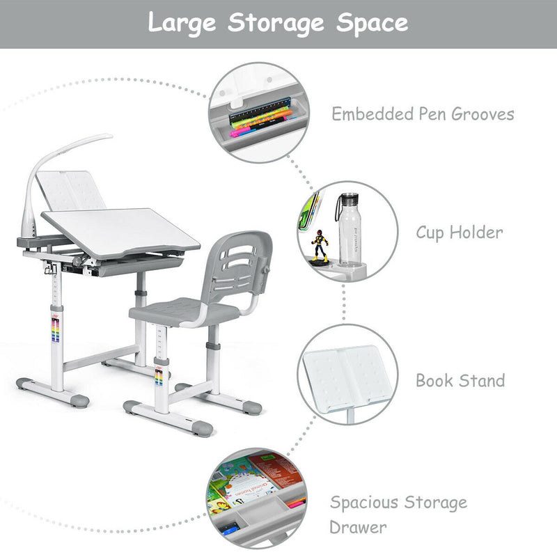 Adjustable Kids Desk Chair Set with Lamp and Bookstand