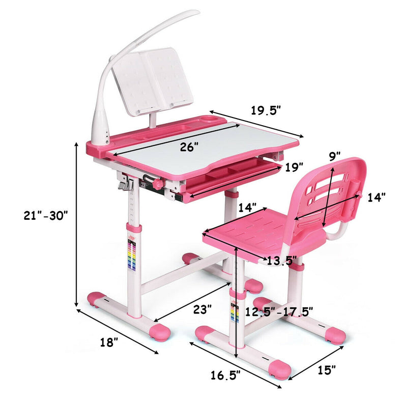 Adjustable Kids Desk Chair Set with Lamp and Bookstand