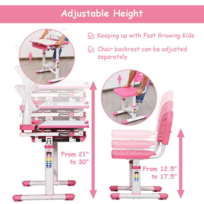 Adjustable Kids Desk Chair Set with Lamp and Bookstand