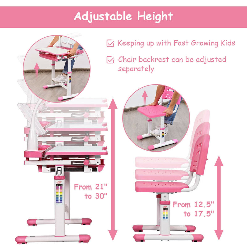 Adjustable Kids Desk Chair Set with Lamp and Bookstand