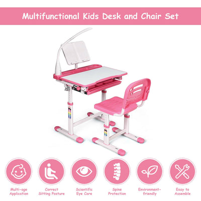 Adjustable Kids Desk Chair Set with Lamp and Bookstand