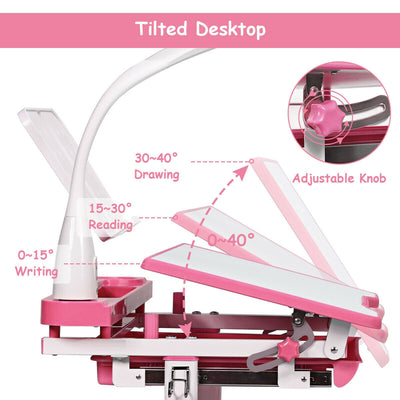 Adjustable Kids Desk Chair Set with Lamp and Bookstand