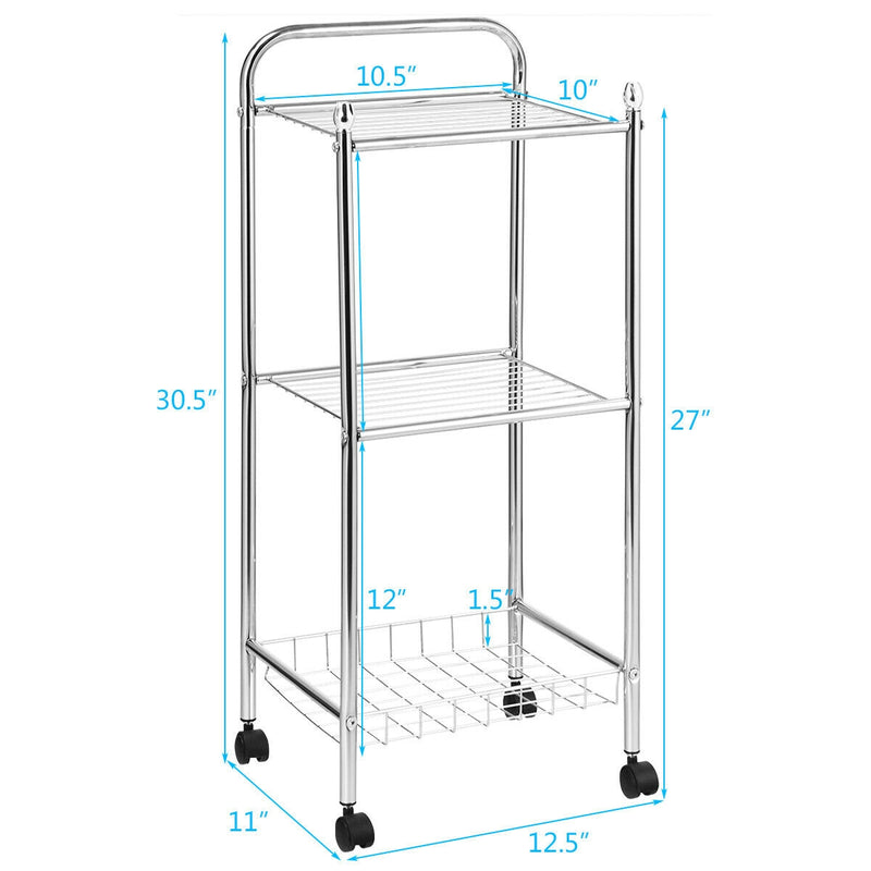 3-Tier Metal Mesh Rolling Utility Cart with Wheels