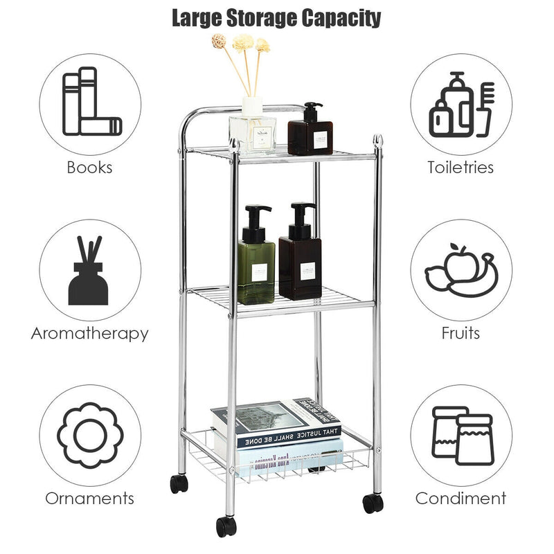 3-Tier Metal Mesh Rolling Utility Cart with Wheels