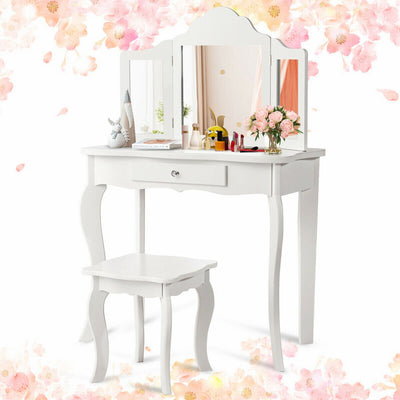 Vanity Makeup Dressing Table Stool Mirror Set with Drawer