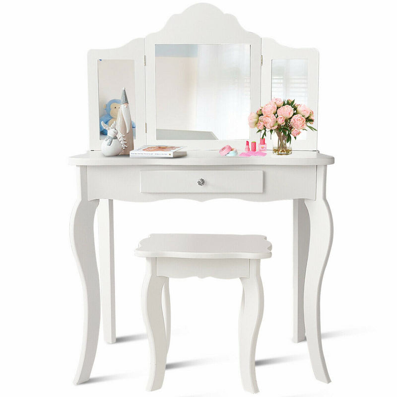 Vanity Makeup Dressing Table Stool Mirror Set with Drawer