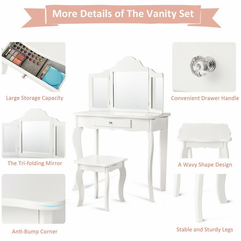 Vanity Makeup Dressing Table Stool Mirror Set with Drawer