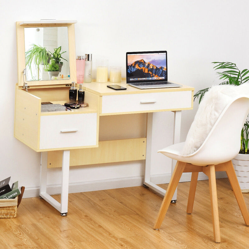 2-Drawer Makeup Vanity Table with Flip-top Mirror