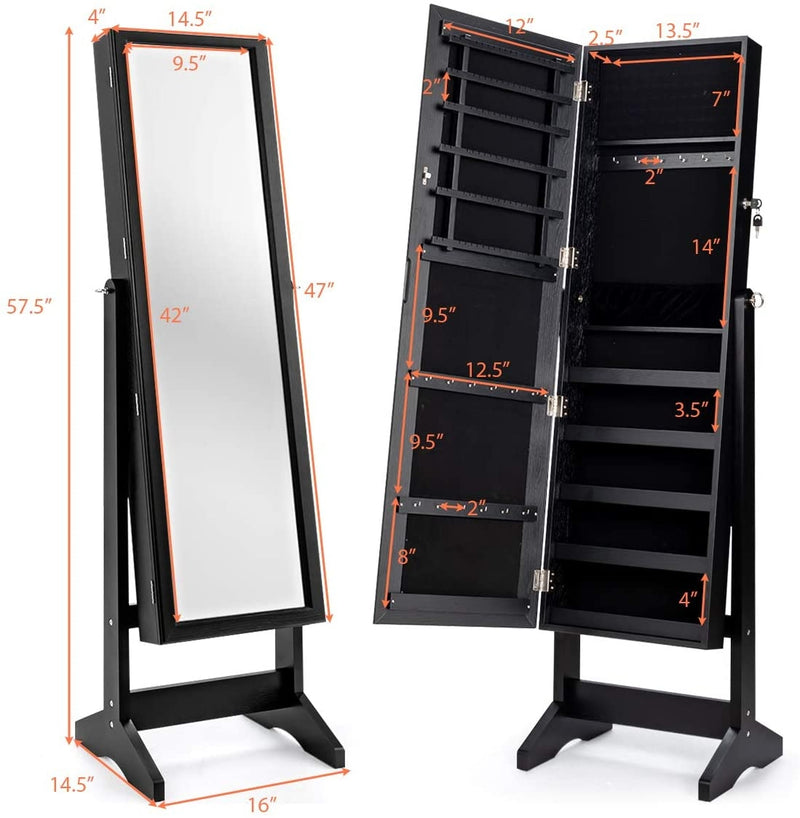 Jewelry Cabinet Stand Mirror Armoire with Large Storage Box