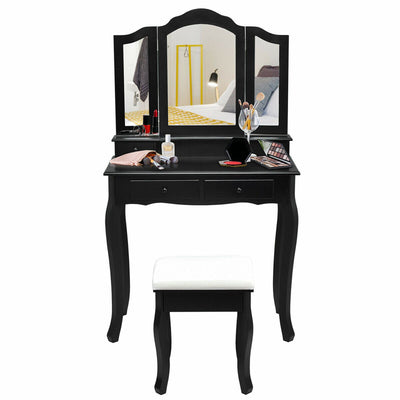 4-Drawer Vanity Table Set with Detachable Mirror and Padded Stool