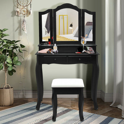 4-Drawer Vanity Table Set with Detachable Mirror and Padded Stool