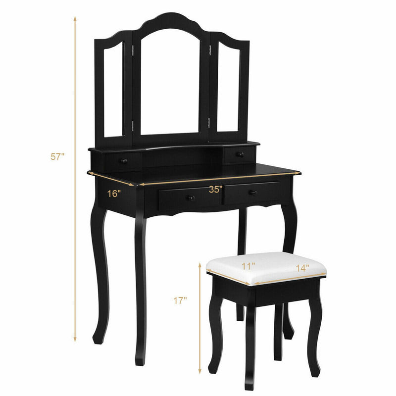 4-Drawer Vanity Table Set with Detachable Mirror and Padded Stool