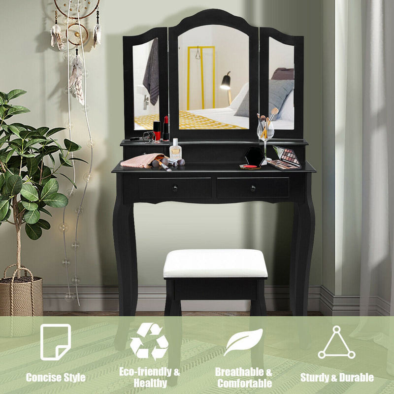 4-Drawer Vanity Table Set with Detachable Mirror and Padded Stool