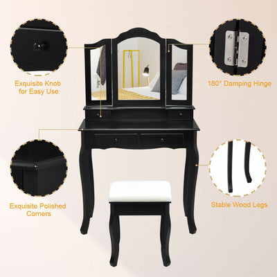 4-Drawer Vanity Table Set with Detachable Mirror and Padded Stool