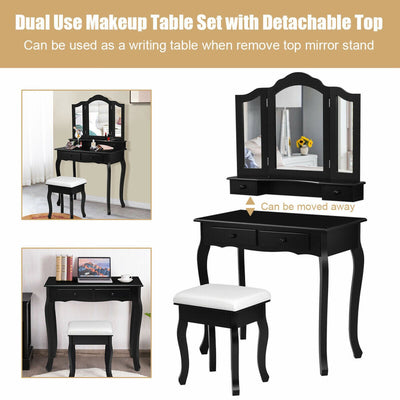 4-Drawer Vanity Table Set with Detachable Mirror and Padded Stool