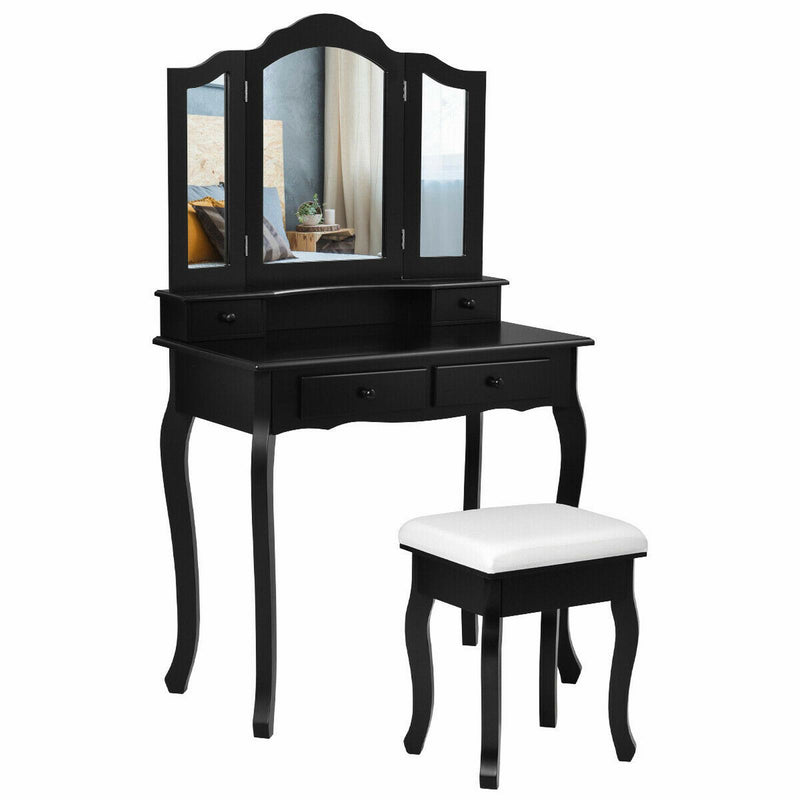 4-Drawer Vanity Table Set with Detachable Mirror and Padded Stool