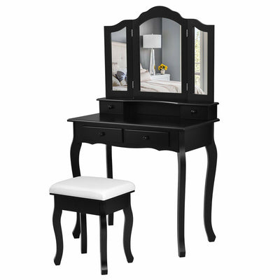 4-Drawer Vanity Table Set with Detachable Mirror and Padded Stool