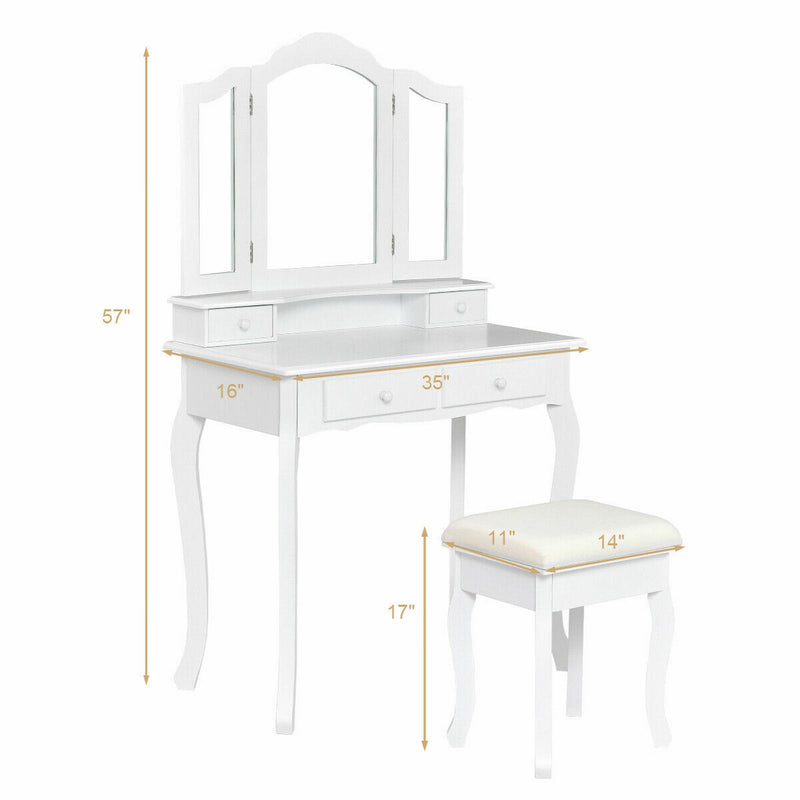 4-Drawer Vanity Table Set with Detachable Mirror and Padded Stool