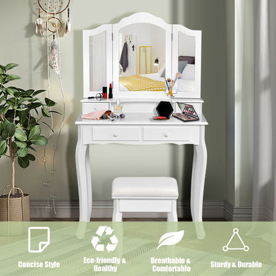 4-Drawer Vanity Table Set with Detachable Mirror and Padded Stool