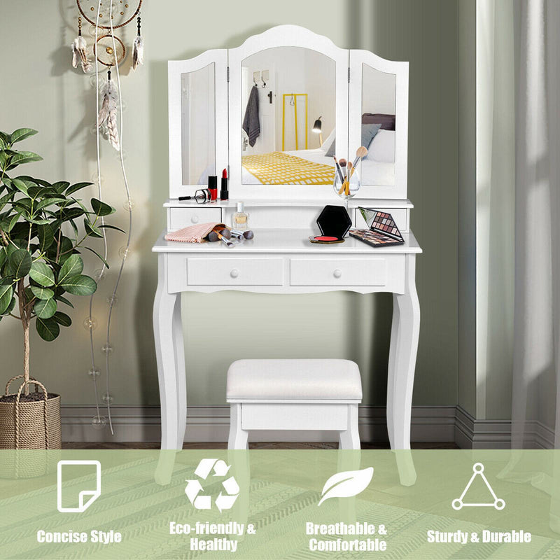 4-Drawer Vanity Table Set with Detachable Mirror and Padded Stool