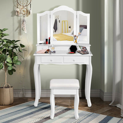 4-Drawer Vanity Table Set with Detachable Mirror and Padded Stool