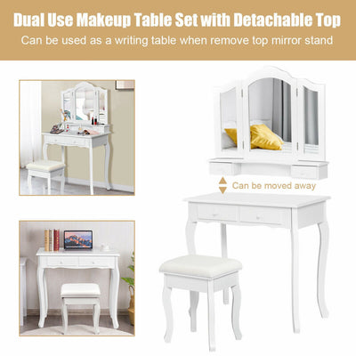 4-Drawer Vanity Table Set with Detachable Mirror and Padded Stool