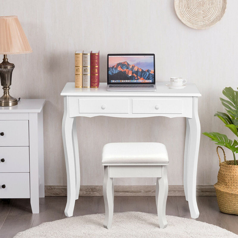 4-Drawer Vanity Table Set with Detachable Mirror and Padded Stool