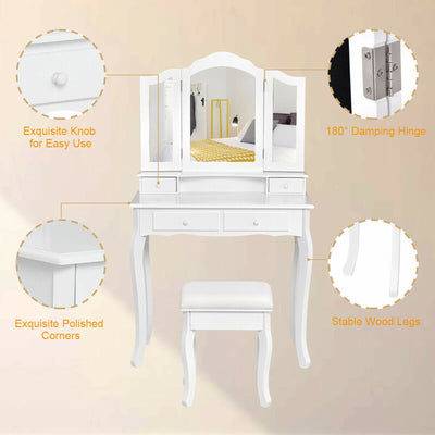 4-Drawer Vanity Table Set with Detachable Mirror and Padded Stool