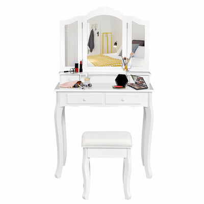 4-Drawer Vanity Table Set with Detachable Mirror and Padded Stool