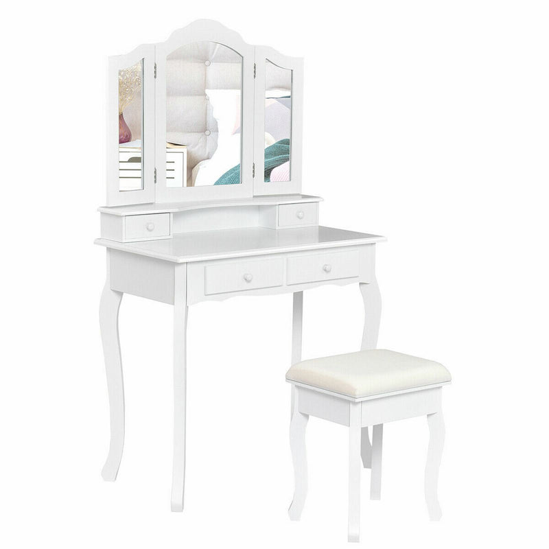 4-Drawer Vanity Table Set with Detachable Mirror and Padded Stool