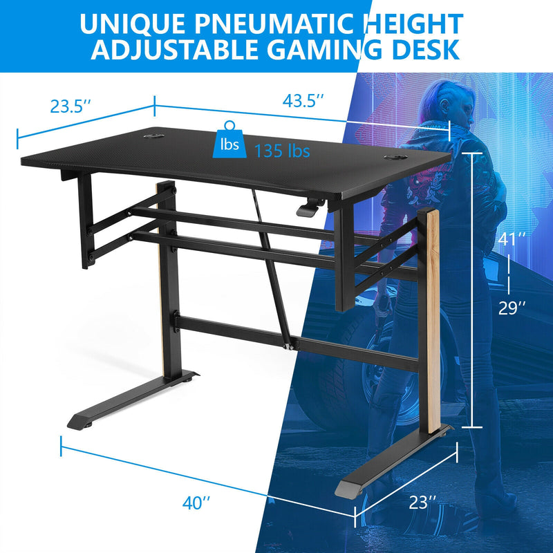 Pneumatic Height Adjustable Gaming Desk T Shaped Game Station with Power Strip Tray