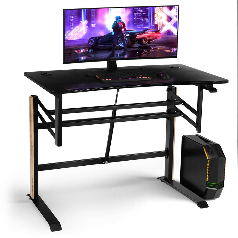 Pneumatic Height Adjustable Gaming Desk T Shaped Game Station with Power Strip Tray