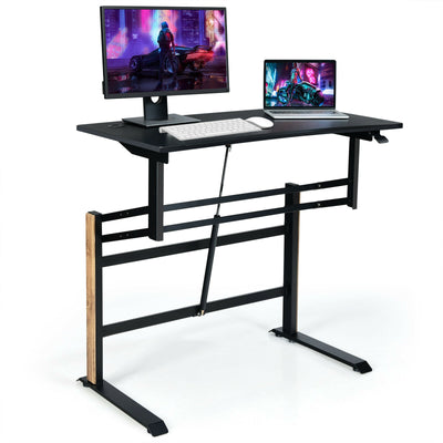 Pneumatic Height Adjustable Gaming Desk T Shaped Game Station with Power Strip Tray