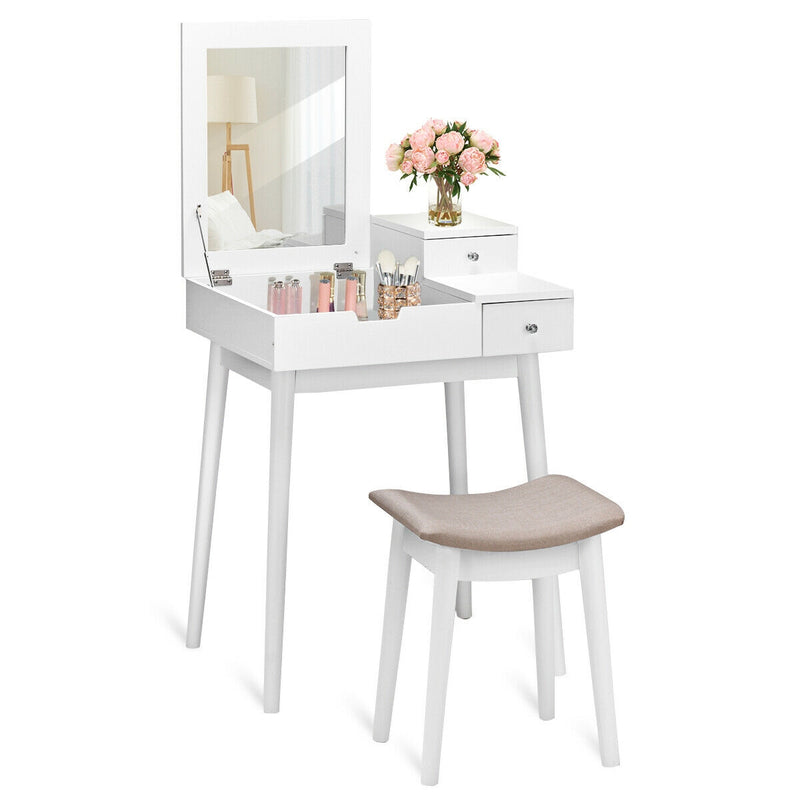 2-Drawer Flip Mirror Dressing Vanity Table with Concave Stool