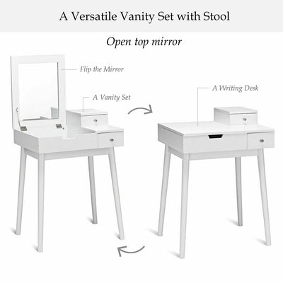 2-Drawer Flip Mirror Dressing Vanity Table with Concave Stool