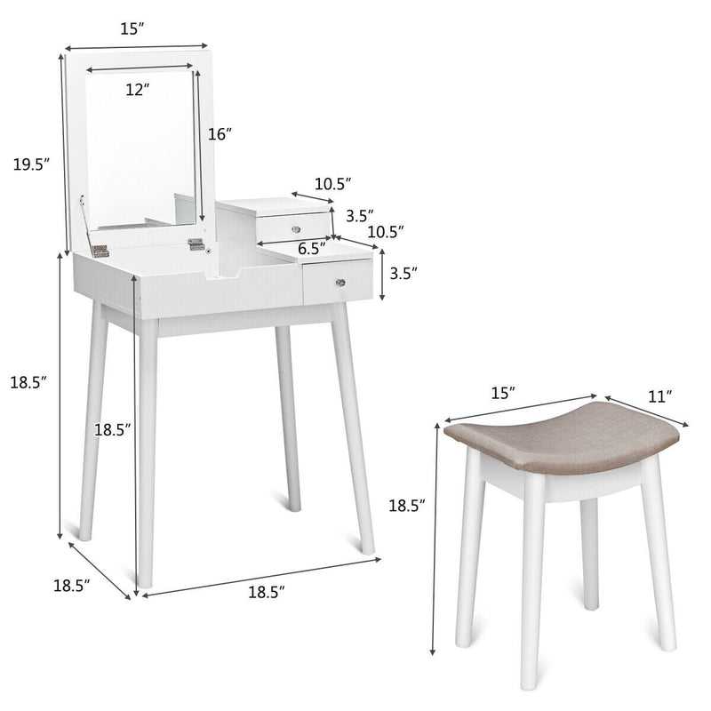 2-Drawer Flip Mirror Dressing Vanity Table with Concave Stool