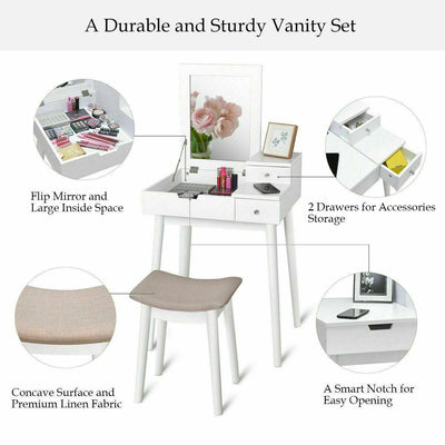 2-Drawer Flip Mirror Dressing Vanity Table with Concave Stool