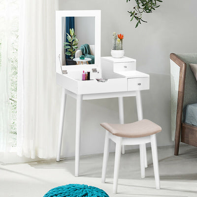 2-Drawer Flip Mirror Dressing Vanity Table with Concave Stool